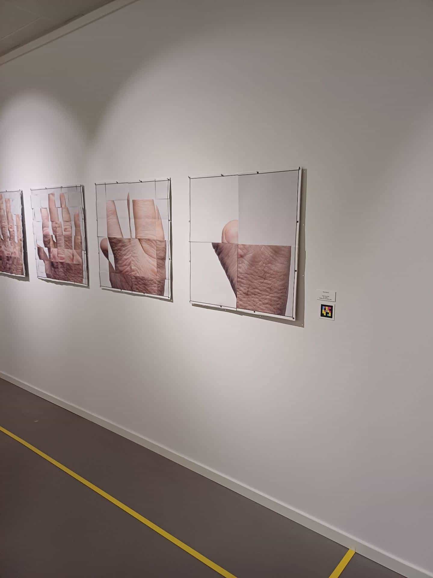 Museum for Papirkunst — Hand series — woven fragments with a NaviLens code beside the label