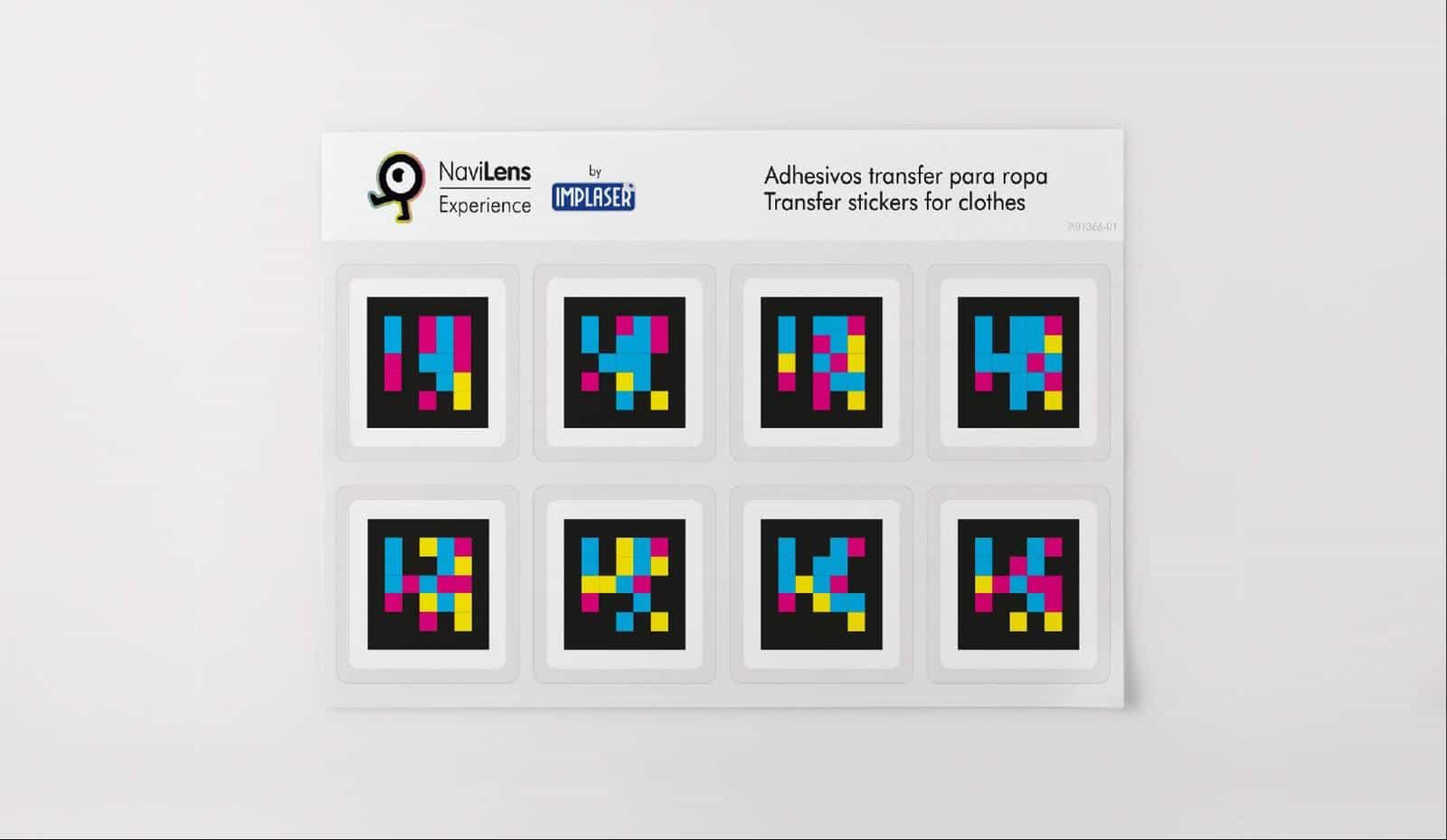 Sheet of NaviLens iron-on transfer stickers for clothing, with eight pre-printed personal codes.