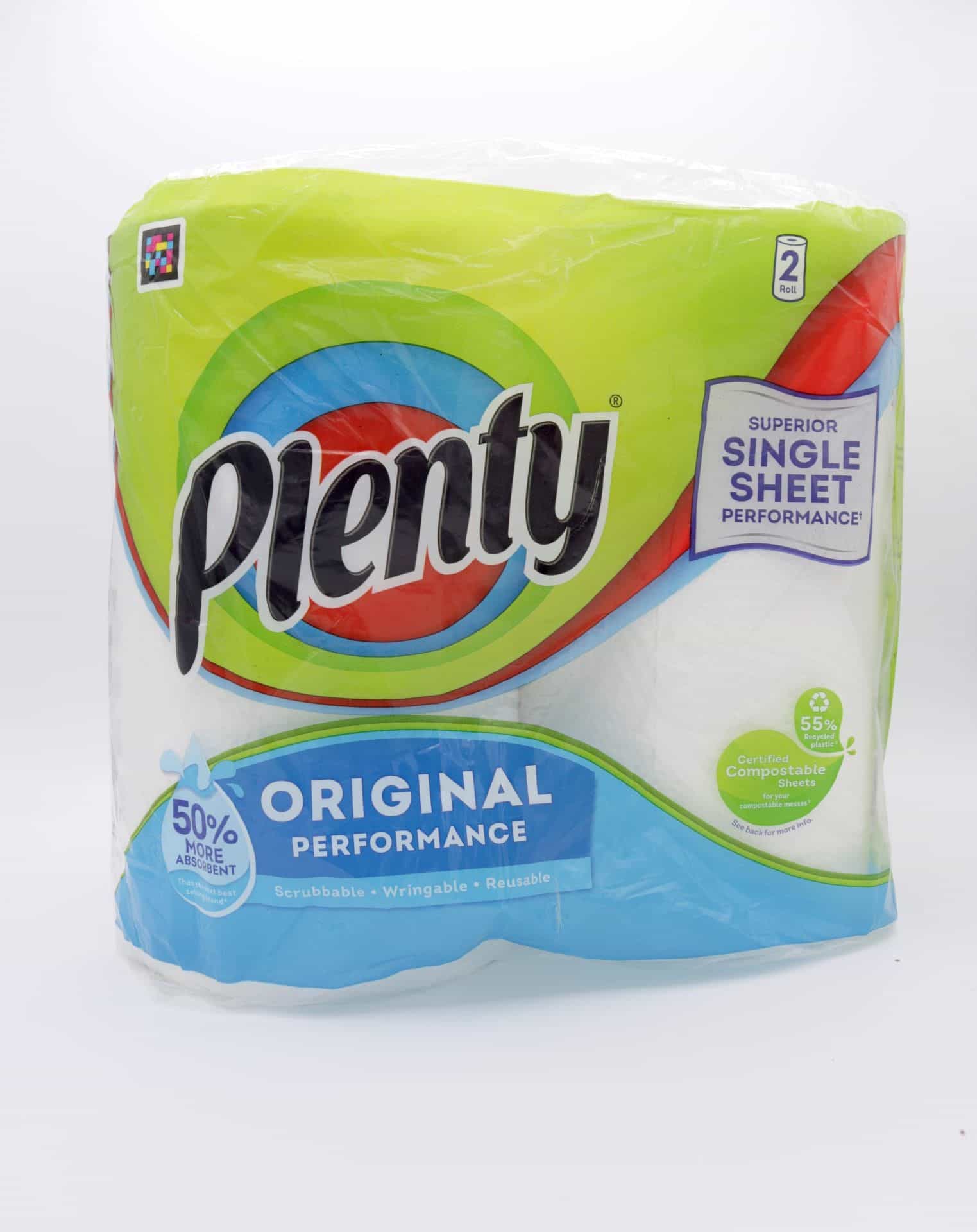 Confezione di Plenty Original 2 Roll con codice NaviLens stampato per persone cieche e ipovedenti.