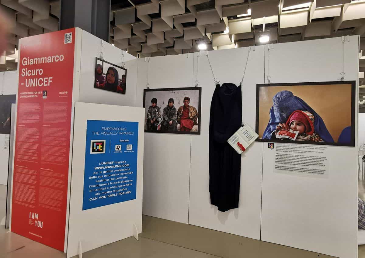 View of the exhibition at Fortezza da Basso with NaviLens codes next to the captions