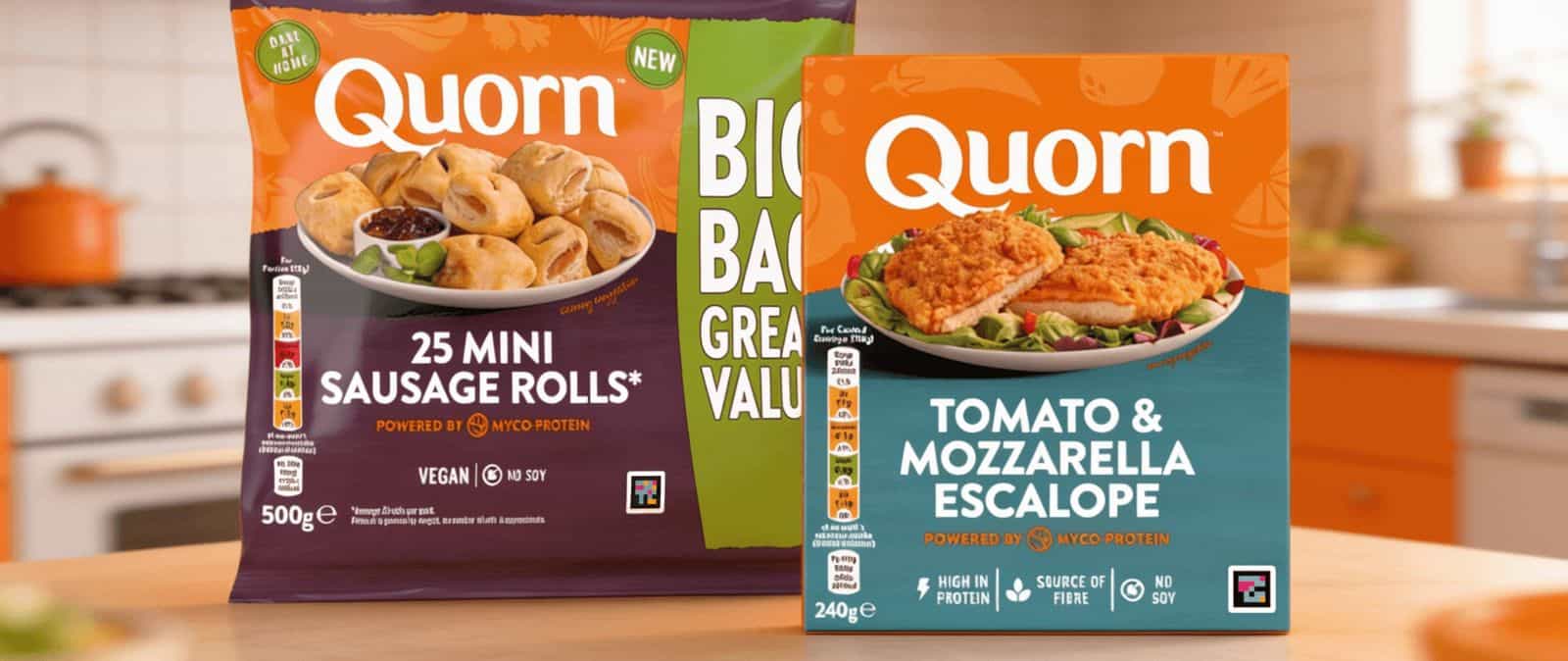 Gamma Quorn (escalopes, fillets, lattices) con codice NaviLens visibile sulla confezione.