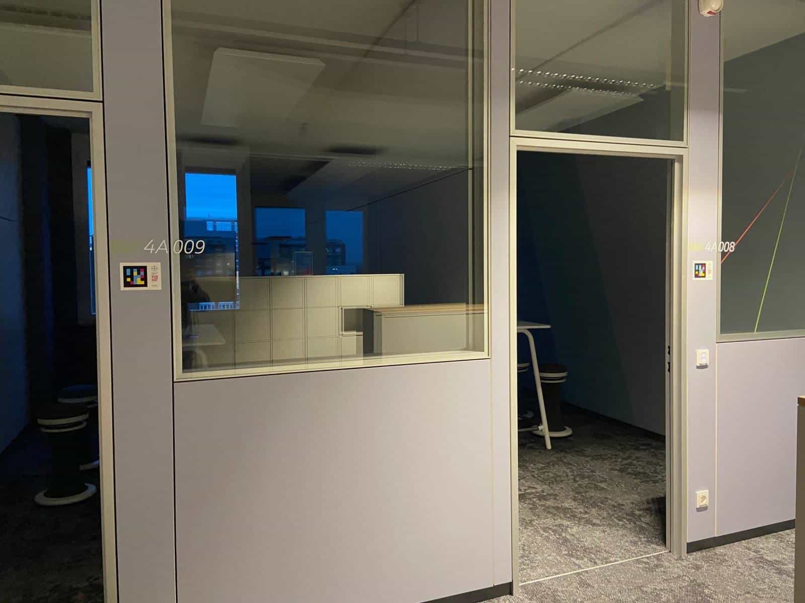 Rooms 4A 009 and 4A 008 with NaviLens codes at Bayer's Leverkusen HQ
