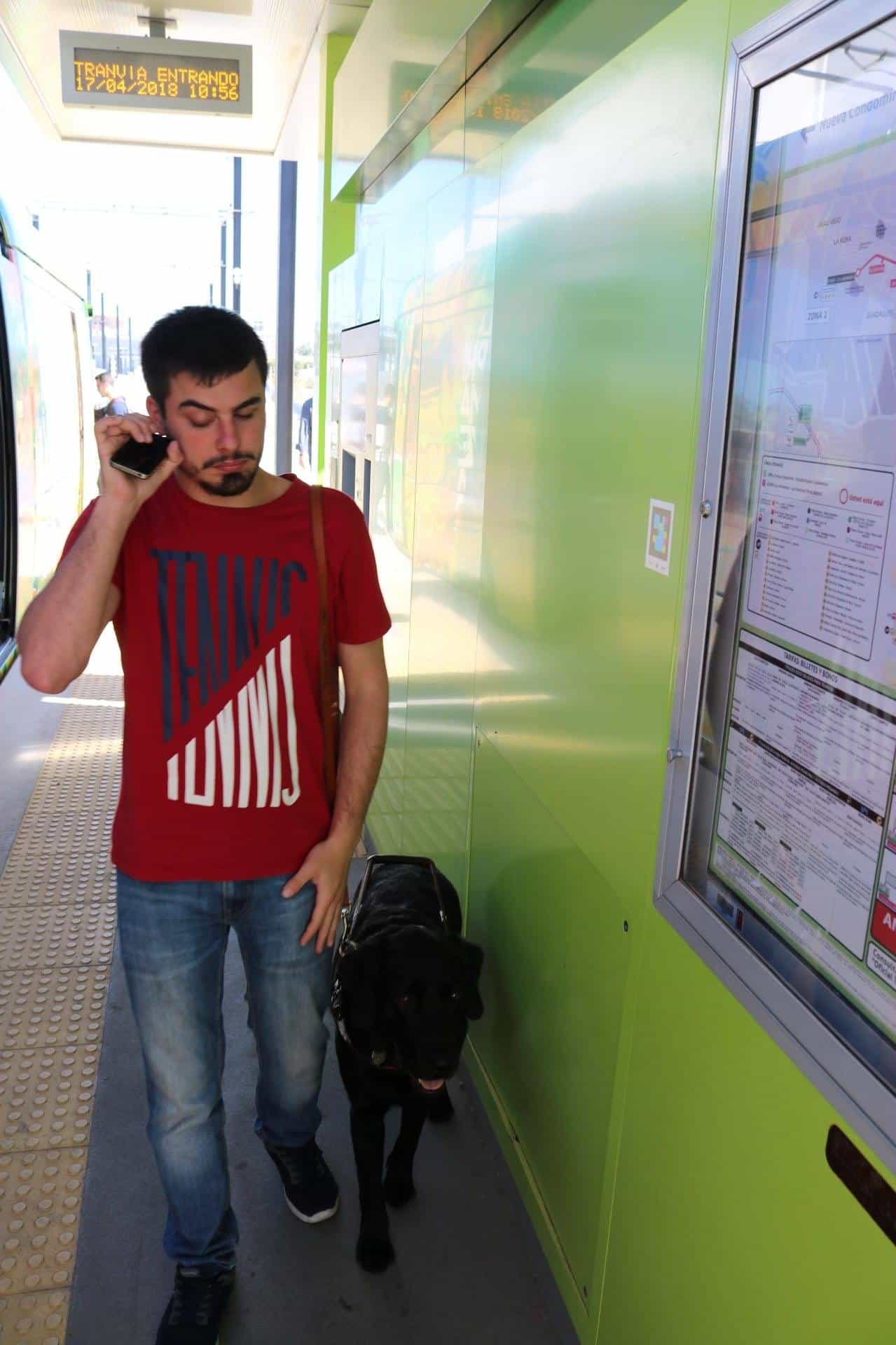 Person scanning a NaviLens code on top of a Murcia Tram shelter, with the LED arrivals screen in the background