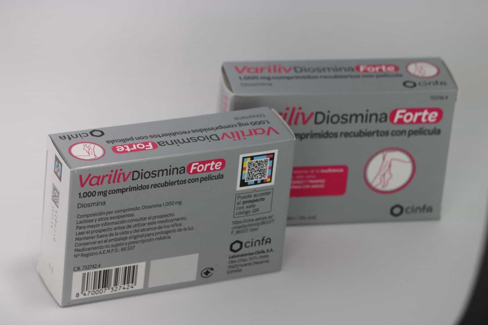 Cinfa-Variliv-Diosmina-Forte-1.000-mg-Faltschachtel mit aufgedrucktem NaviLens-Code für blinde und sehbehinderte Patientinnen und Patienten.