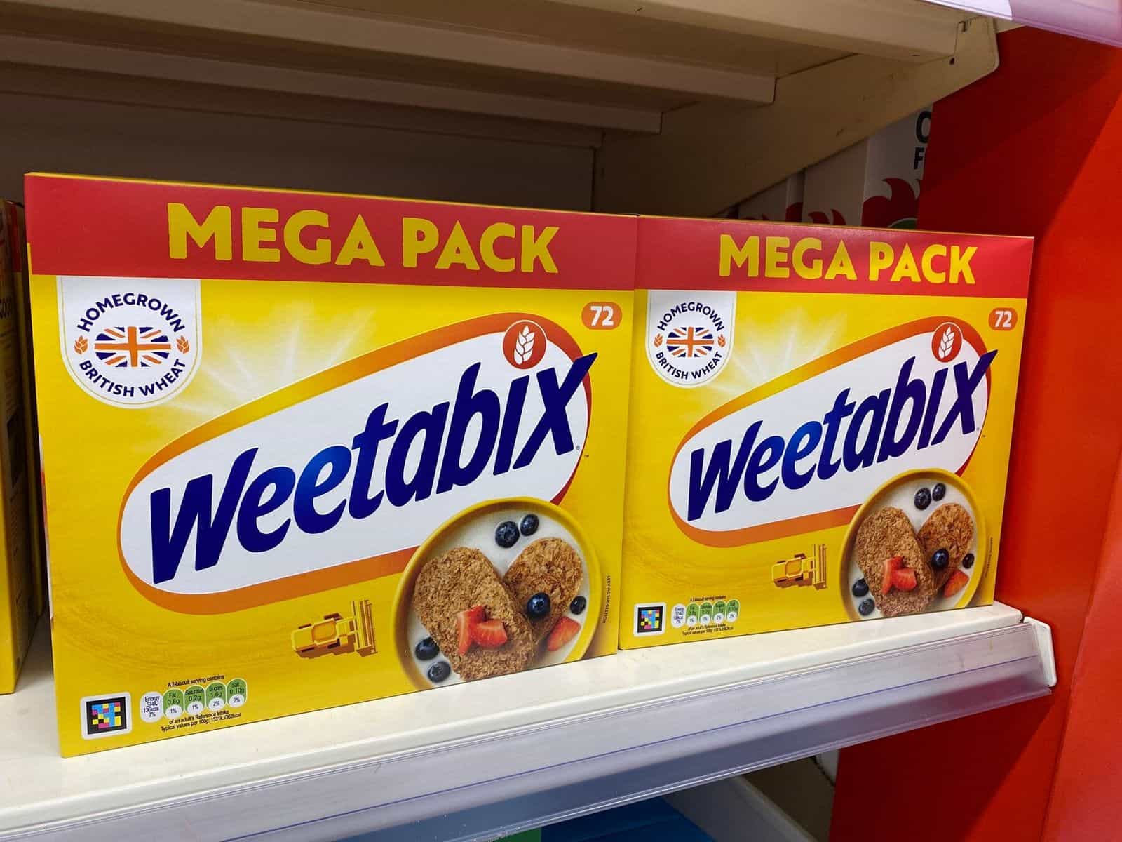 Close-up of a Weetabix Mega Pack showing the NaviLens code integrated into the carton design.